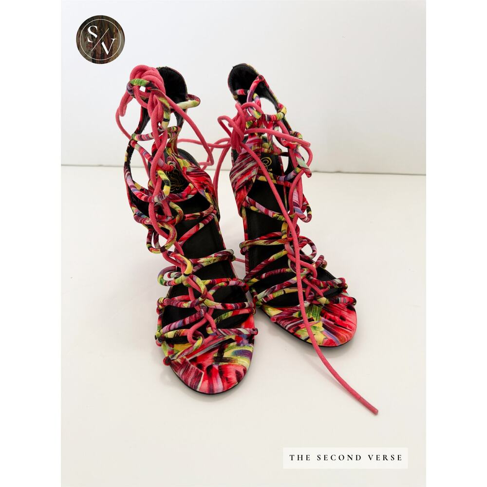 Liliana Multicolored Tropical Colorful Strappy Lace Up Ankle Strap Heels Size 9 - Picture 3 of 6